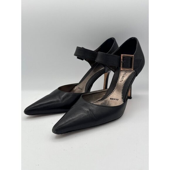 Amalfi Black Leather Stiletto Heels With Ankle Strap Size 7 Made In Italy Profes - Picture 1 of 7